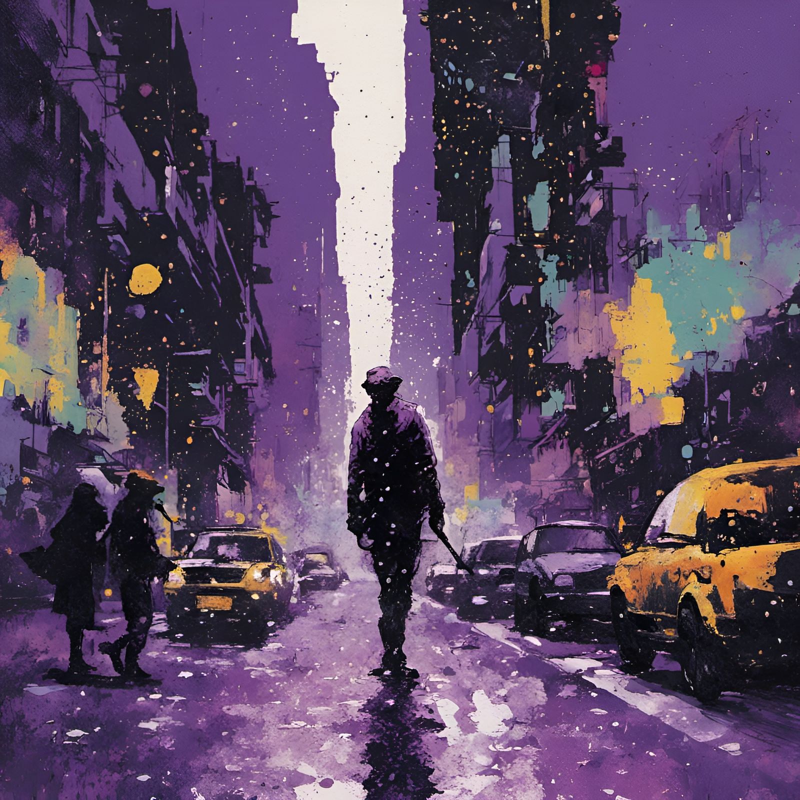 Dynamic Street Scene in Pointillism Gouache Style