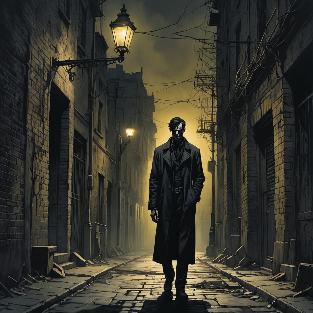 Gothic Alleyway Illustration: Ominous Detective