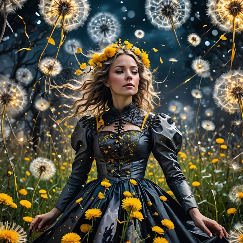 Surreal Dandelion Dreamscape Halloween Night, Expressive Art