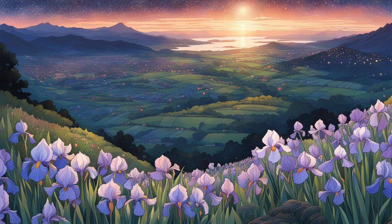 Irises in Vase Under Sparkling Night Sky