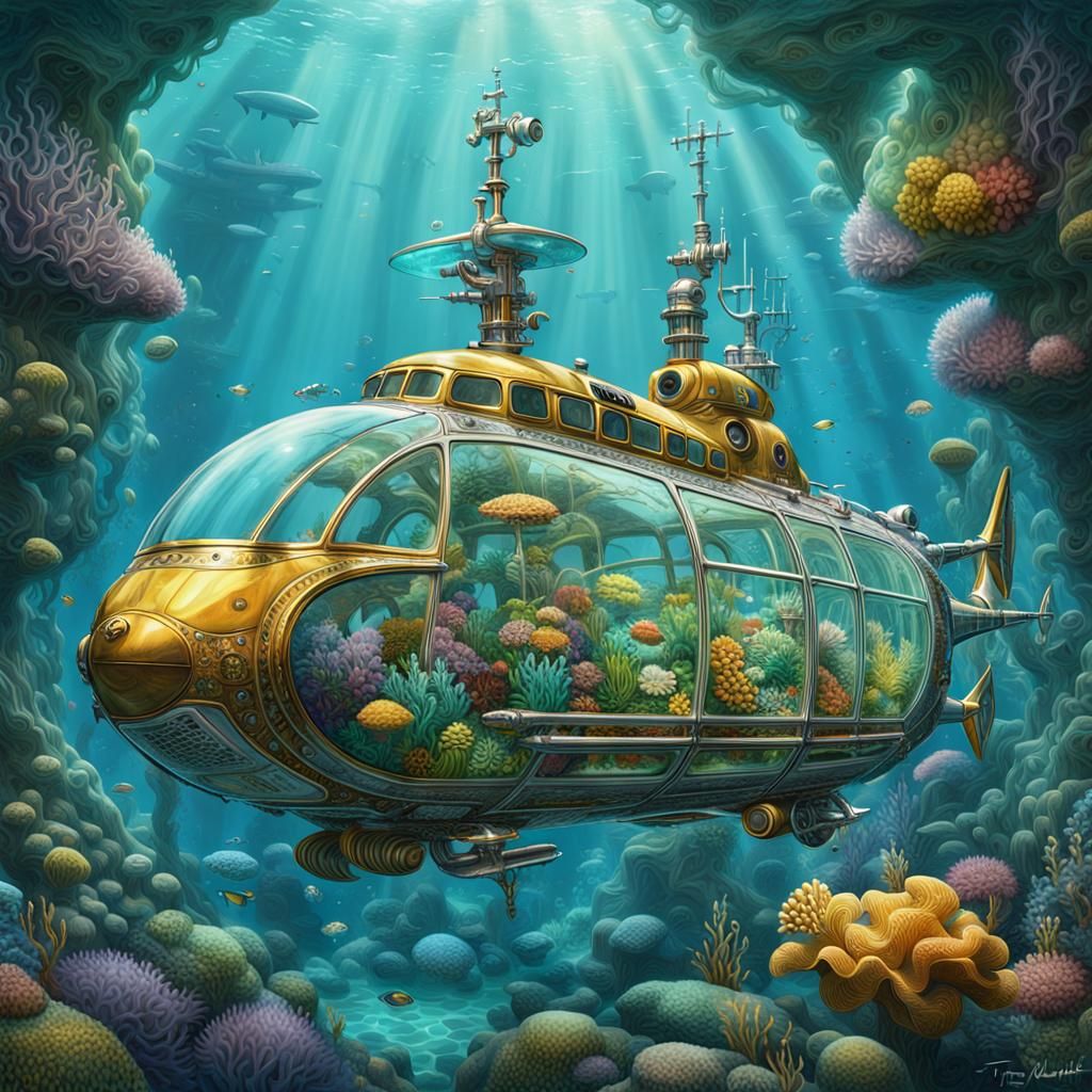 Futuristic Flowerpunk Submarine in Underwater Scene