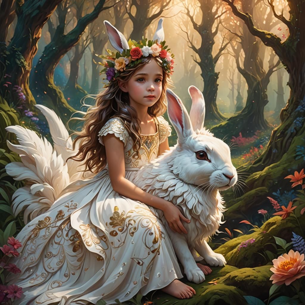 Majestic Rabbit and Girl in Whimsical Forest
