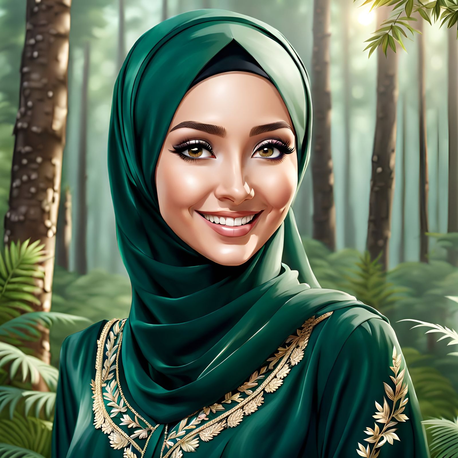 Elegant Hijab Woman Smiling in Forest Scene