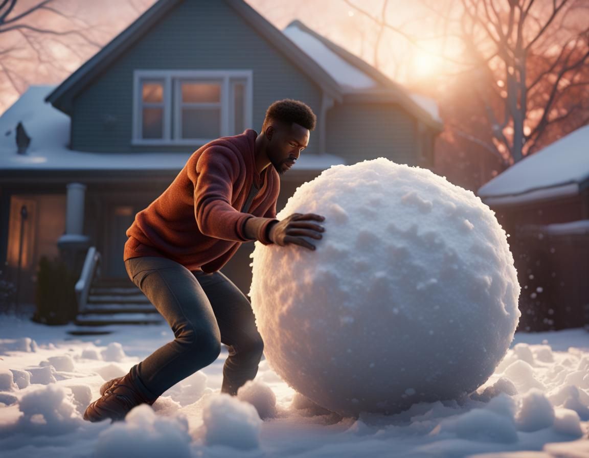 African American Man Rolling Snowball at Sunset