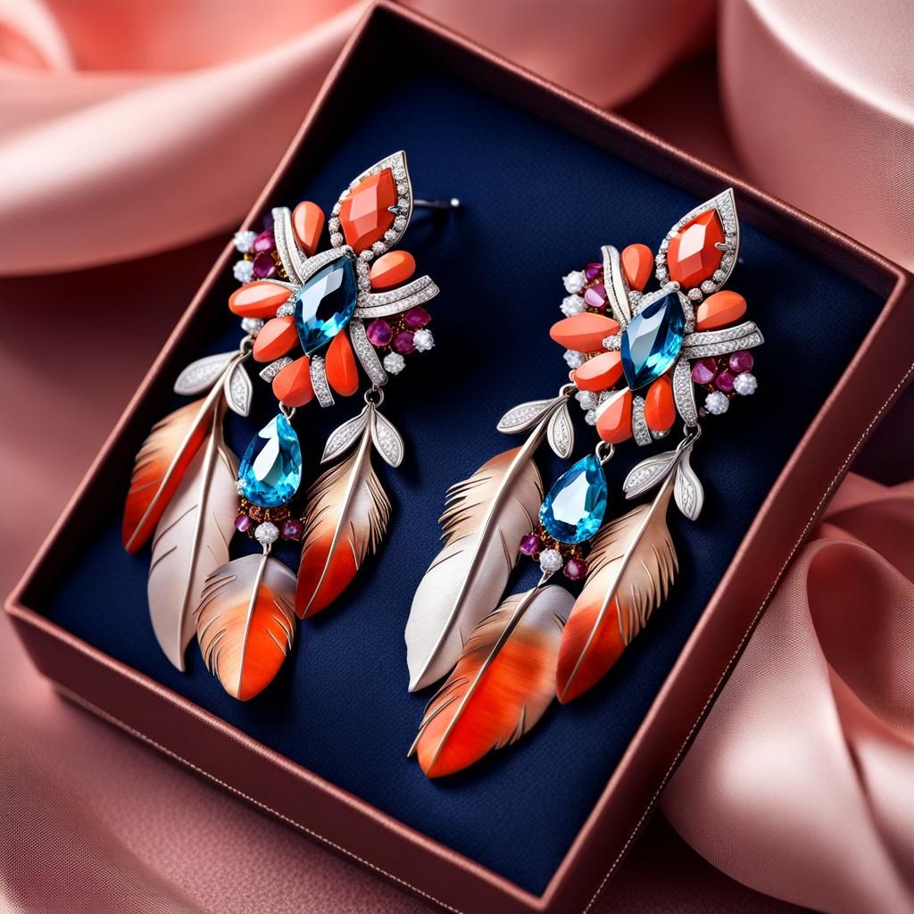 Crystal Feather Earrings in Watercolor Art Style