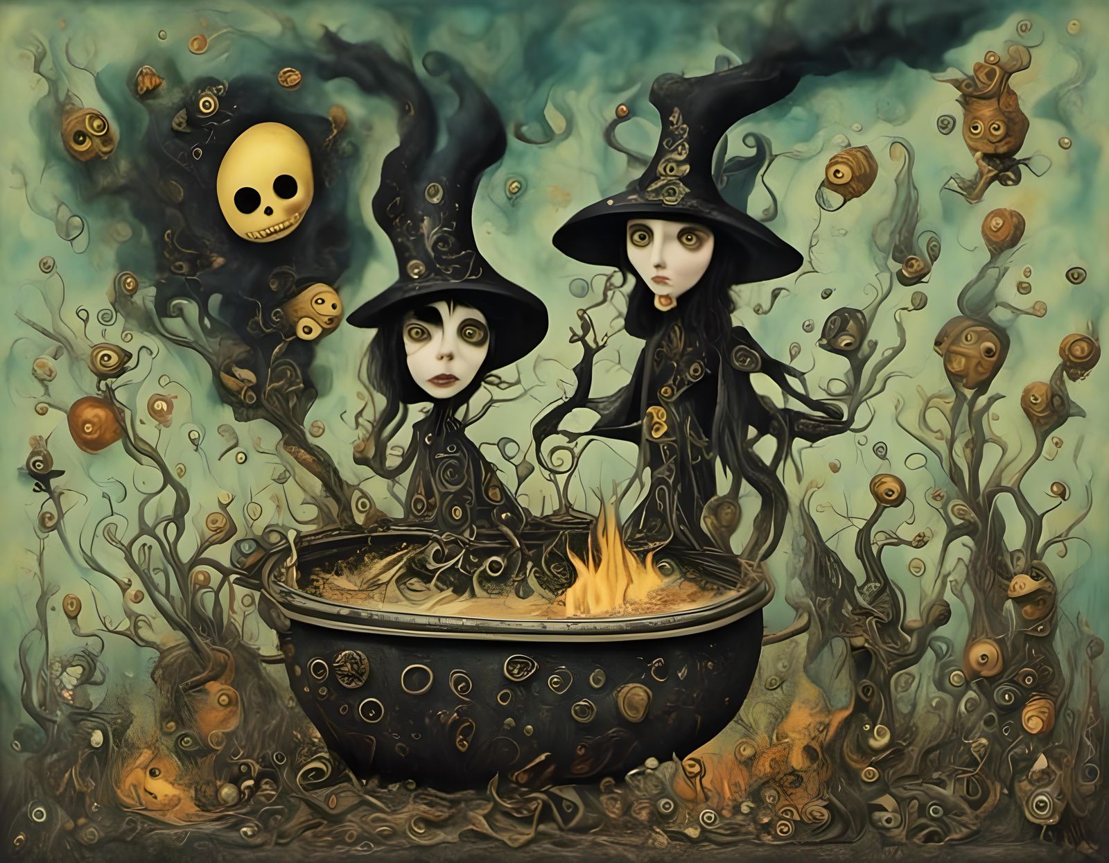 Gothic Wizard Casting Spell by Cauldron