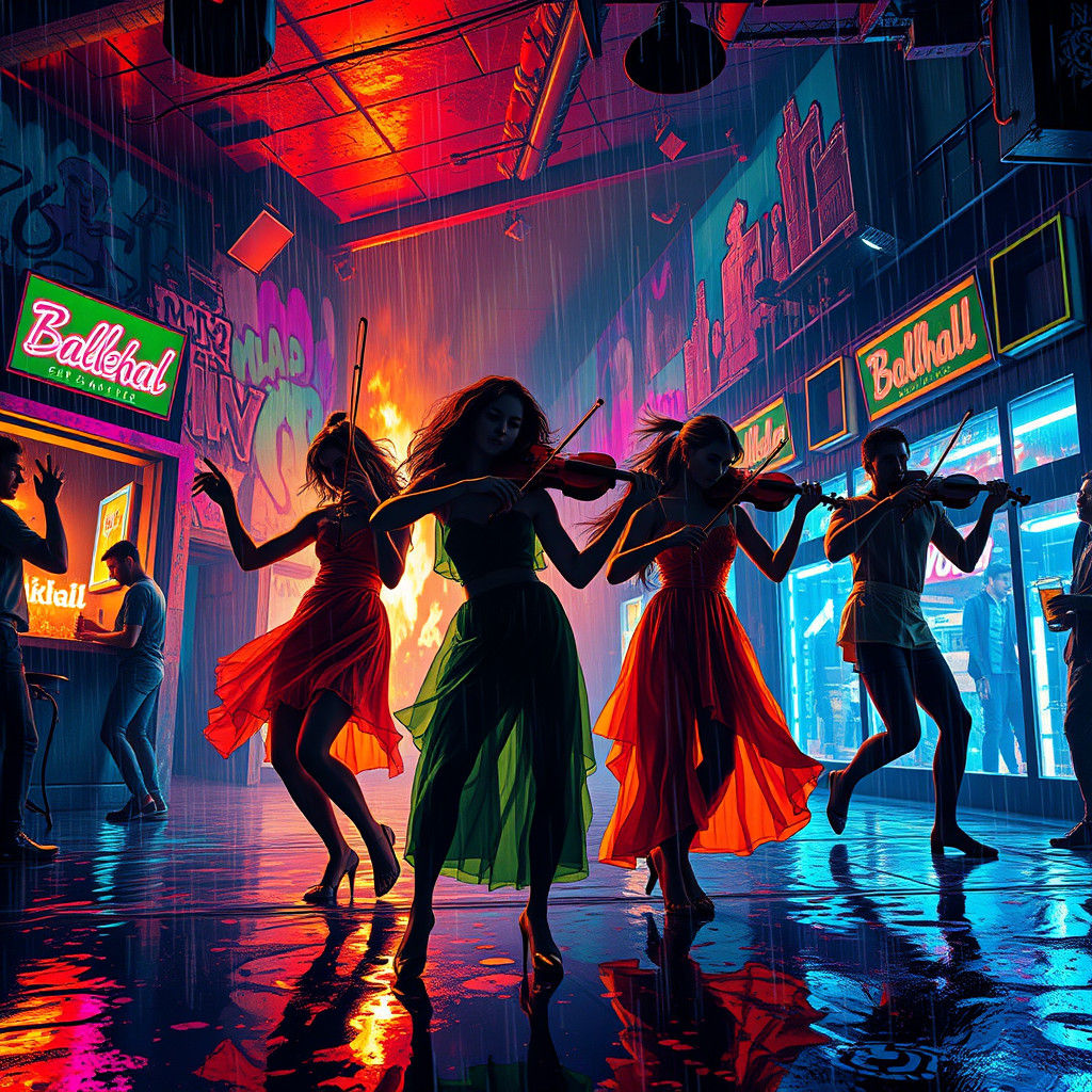 Chaotic Rainy Bar Scene in Cyberpunk Style