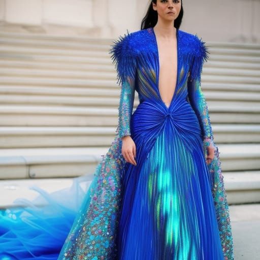 Ethereal Cobalt blue met gala dress with Electric blue accents& blue holographic accents& turquoise blue accents& pearle...