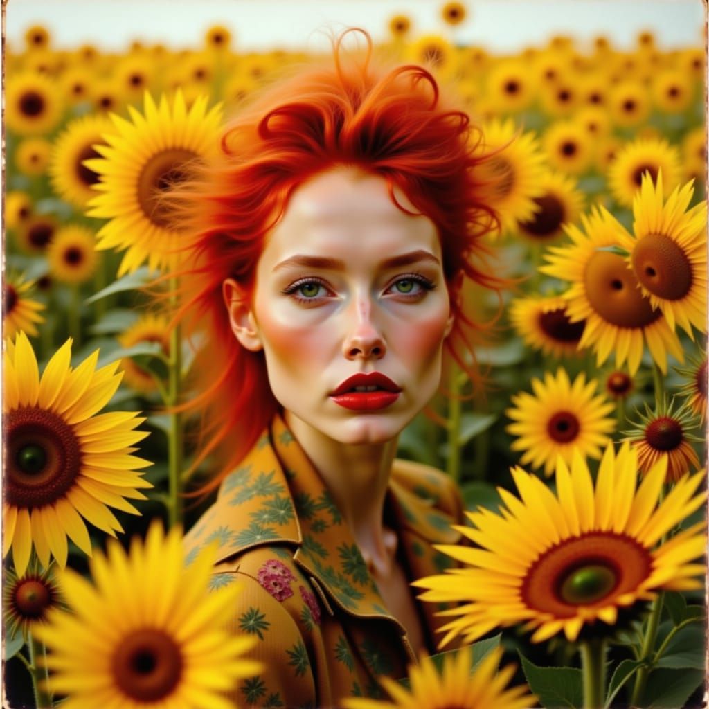 A red head girl in a field of sunflowers