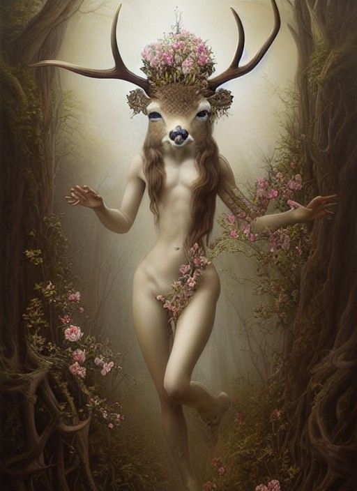 Anthropomorphic Deer-Woman Painting in Surrealist Style