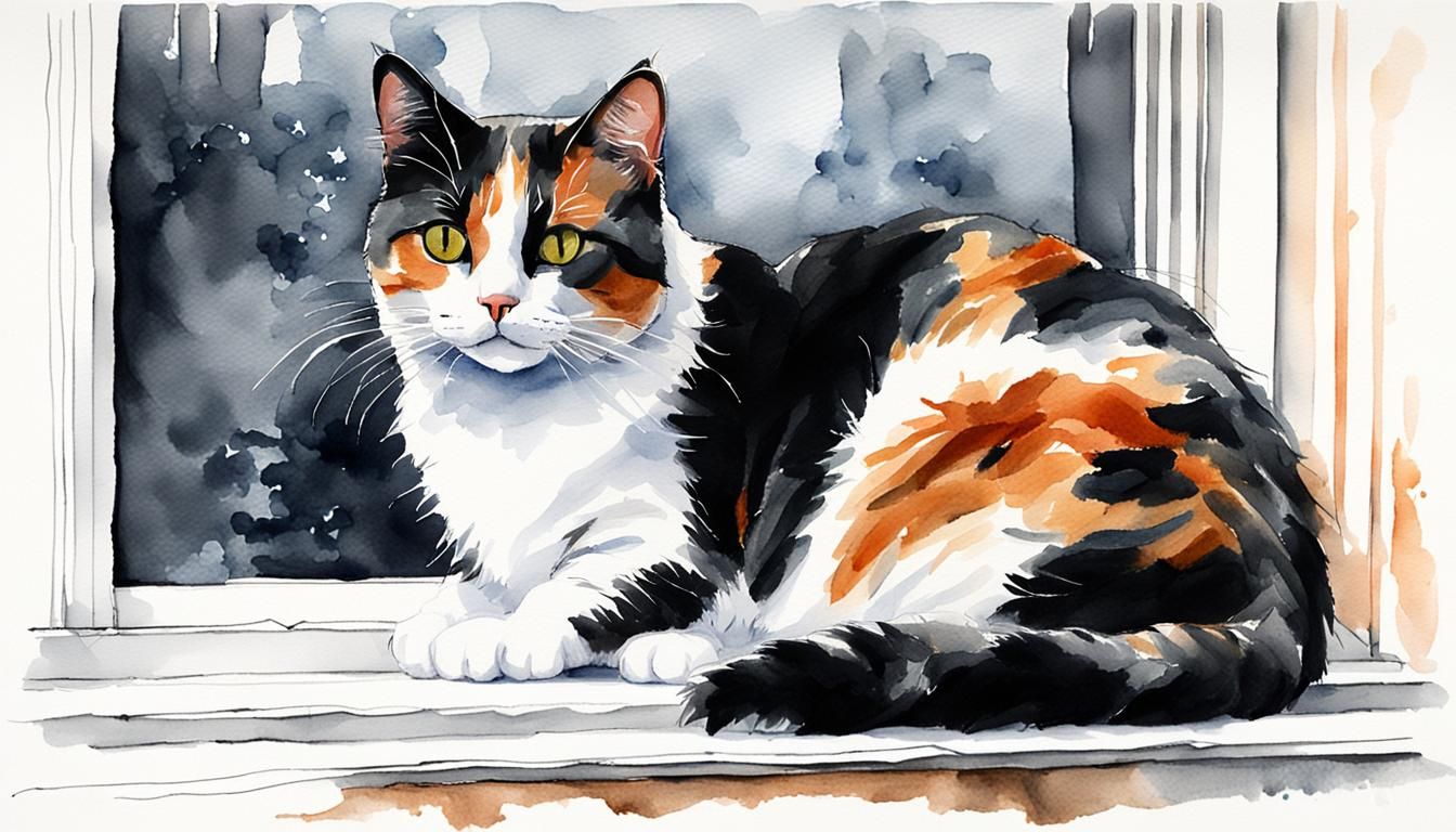 Calico Cat on Window Sill in Watercolor Style