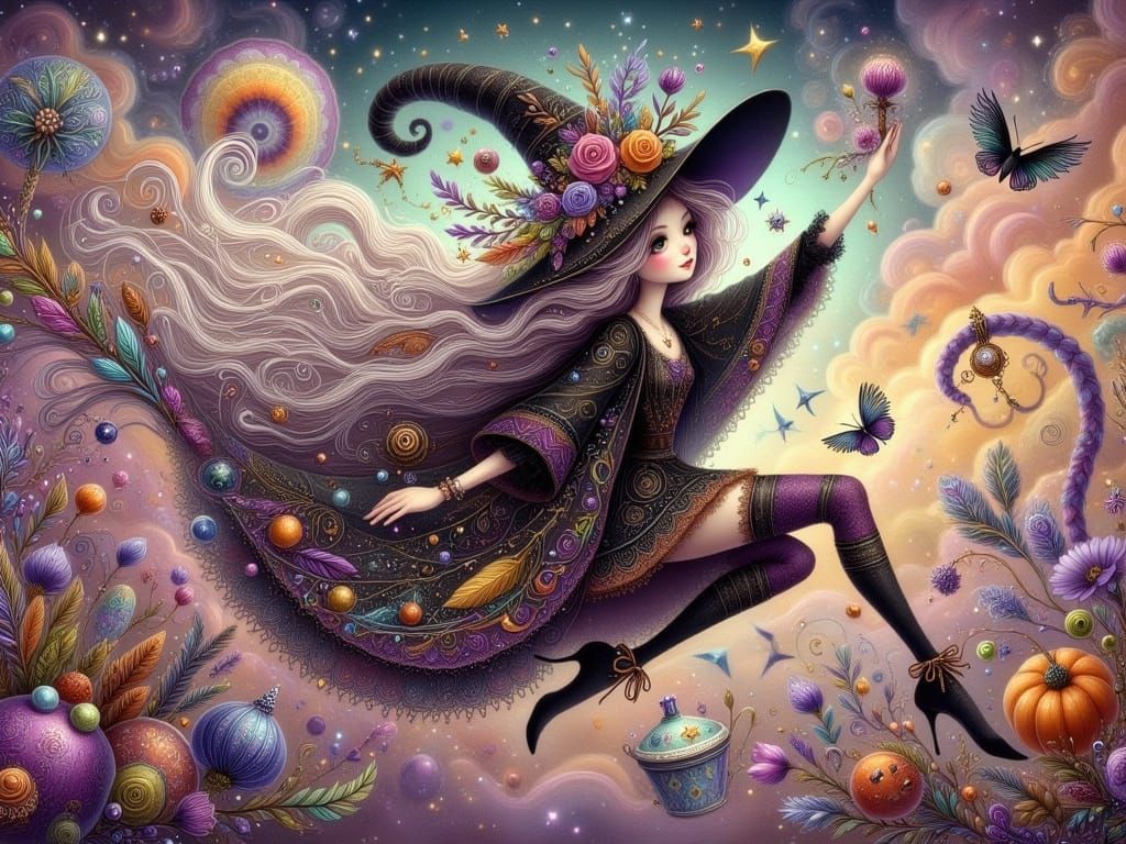 Whimsical Witch Dancing in Surreal World