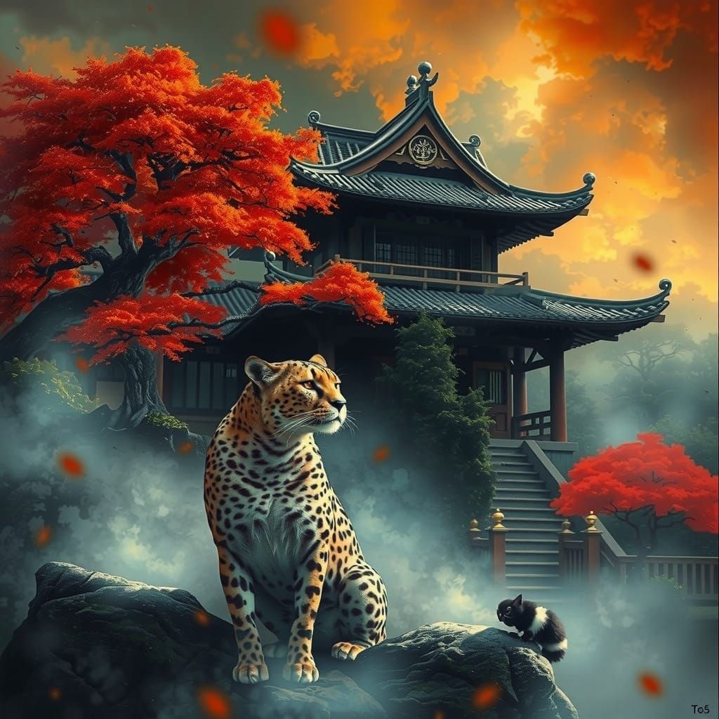Cheetah in Front of Traditional Japanese House Amidst Golden...