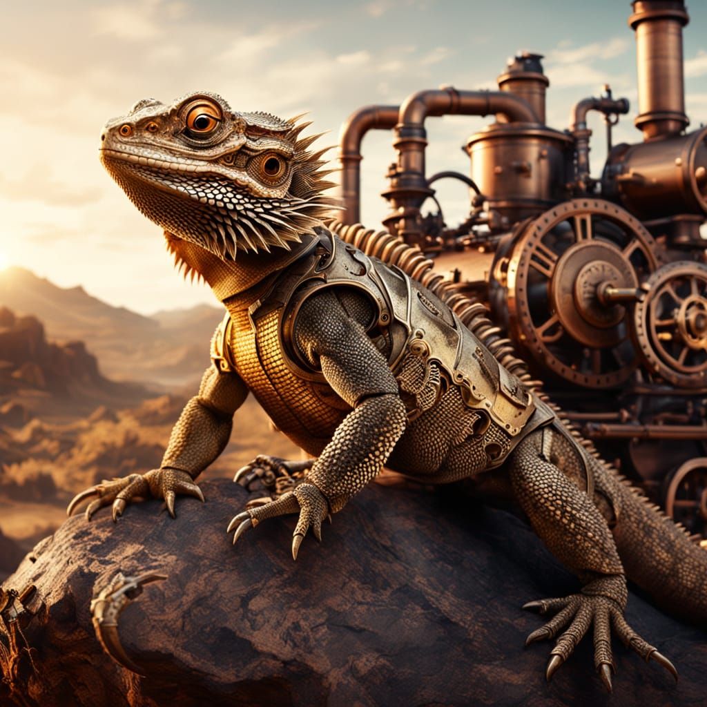 Steampunk Bearded Dragon in Industrial Fantasy Setting