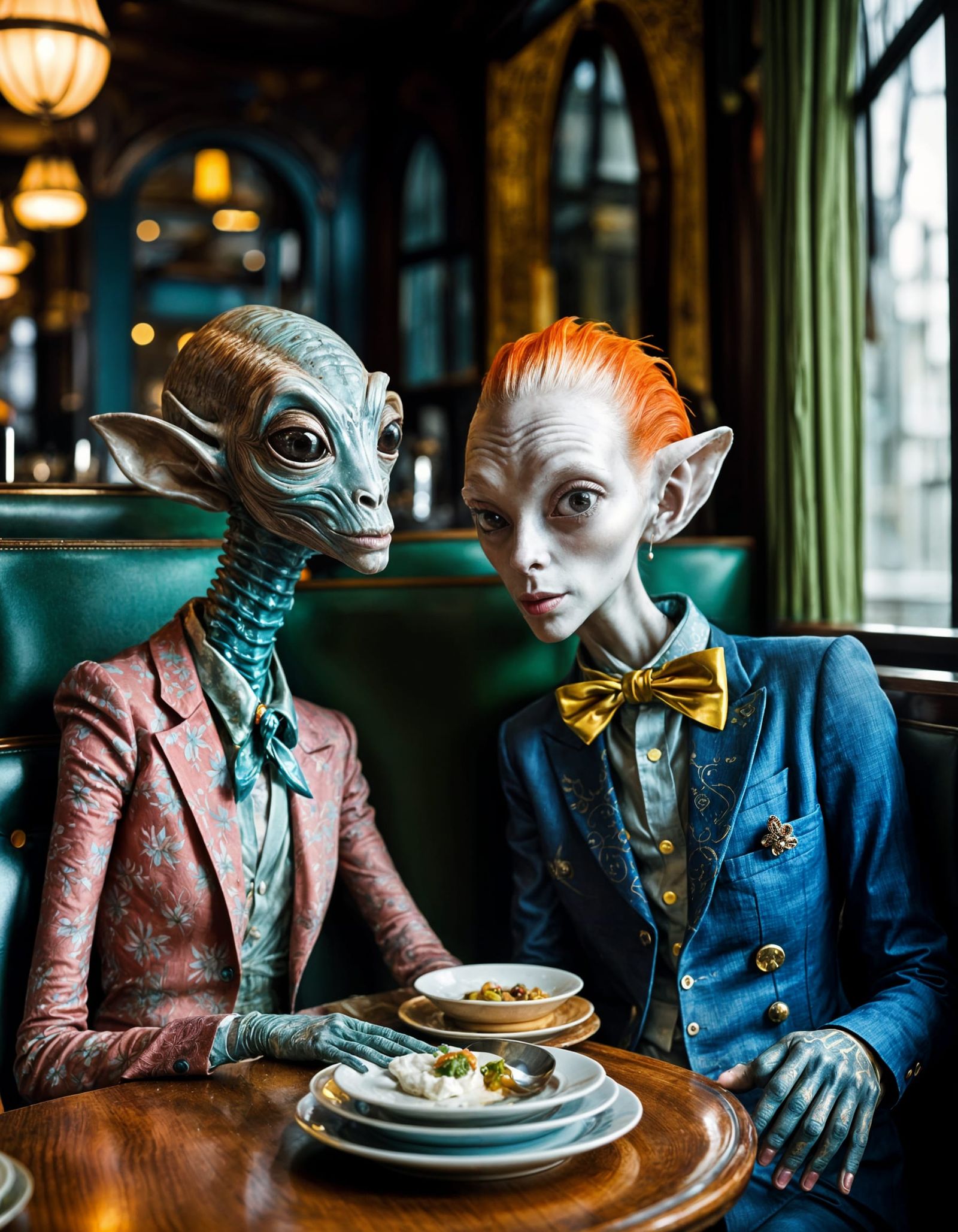 Aliens and Humans Celebrate in Surreal Restaurant