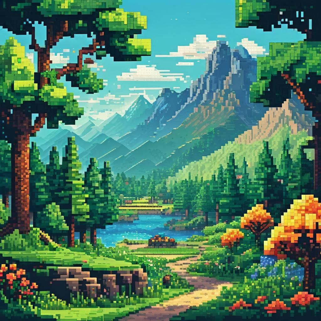 A pixelated landscape with mountains, trees, and a bright sk...