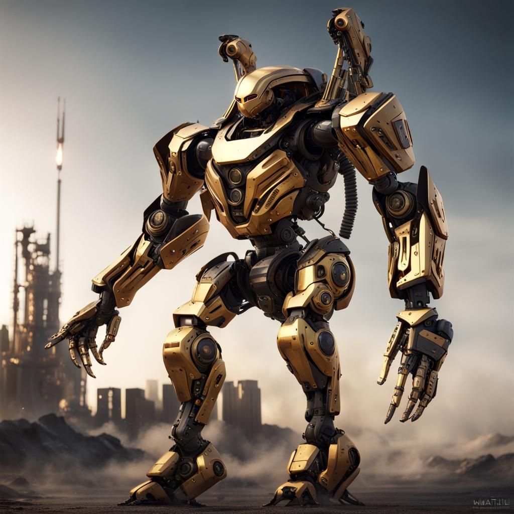 Golden Military Robot with Jetpack, Detailed Matte Painting