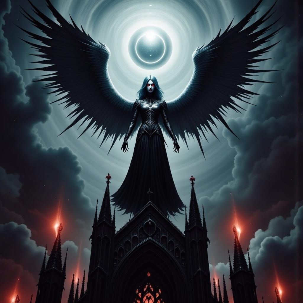 Dark Angel on Gothic Cathedral in Cinematic Style