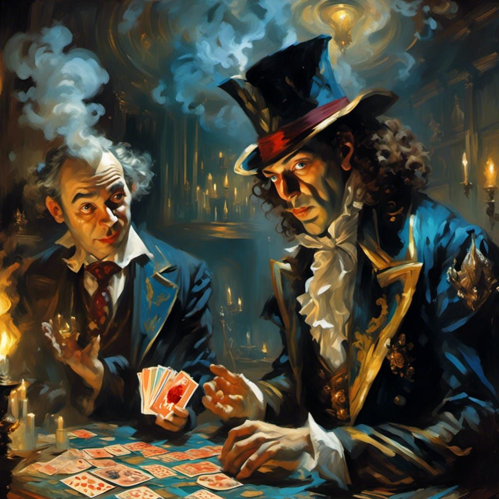 <lora:Chiaroscuro:1.0> Penn and Teller playing with cards. d...