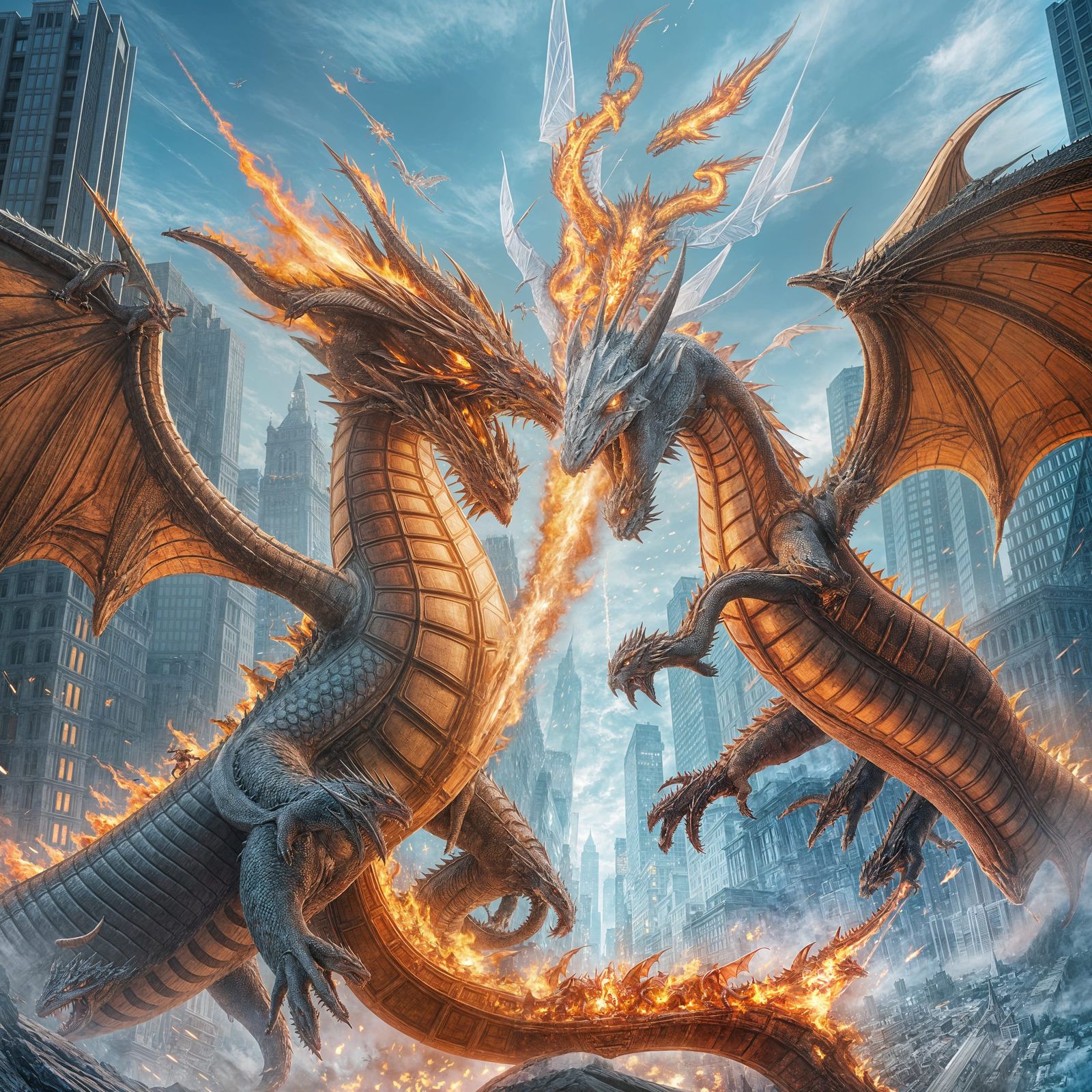 Fire and Ice Dragons Battle in Futuristic City