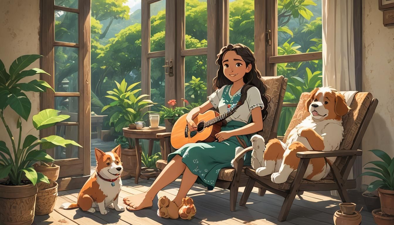 Ghibli Style Cartoon: Moana and Dog in the Sun