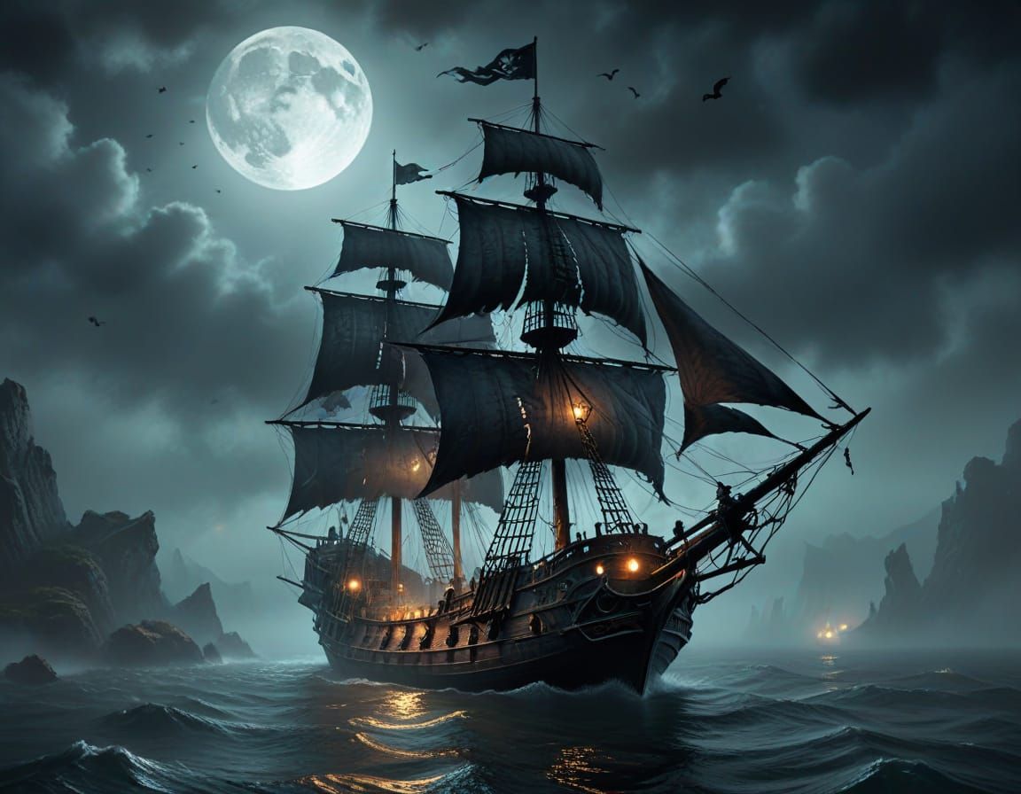 Gothic Ghost Ship Sails Through Misty Waters in a Haunting, ...
