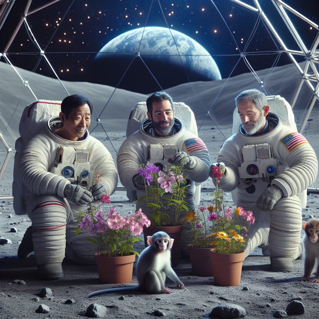 Men and Monkey Gardening on the Moon