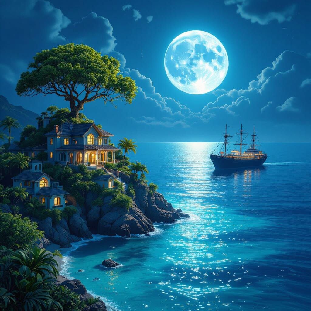 House by Deep Blue Sea with Moon Reflection