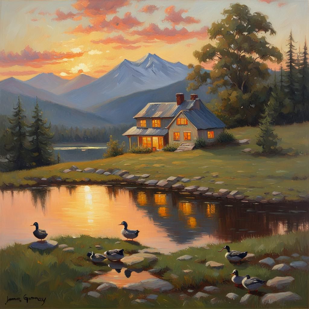 Ducks at Sunset: Oil Painting Mountain Cottage Scene