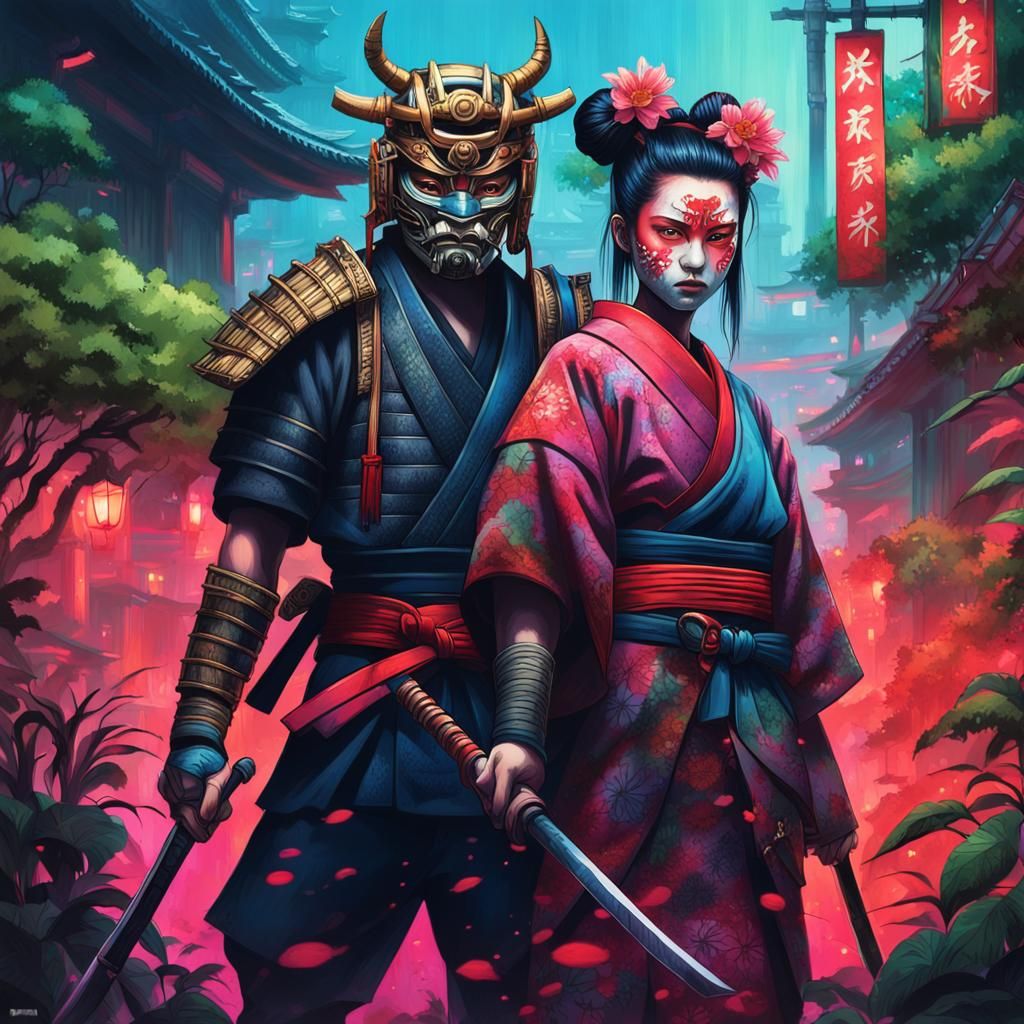 Samurai, Geisha, and Oni Mask in Neon City