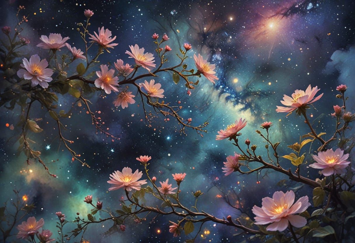 A Milky Way made of flowers and vines, with (vibrant and glowing) colors. [2]