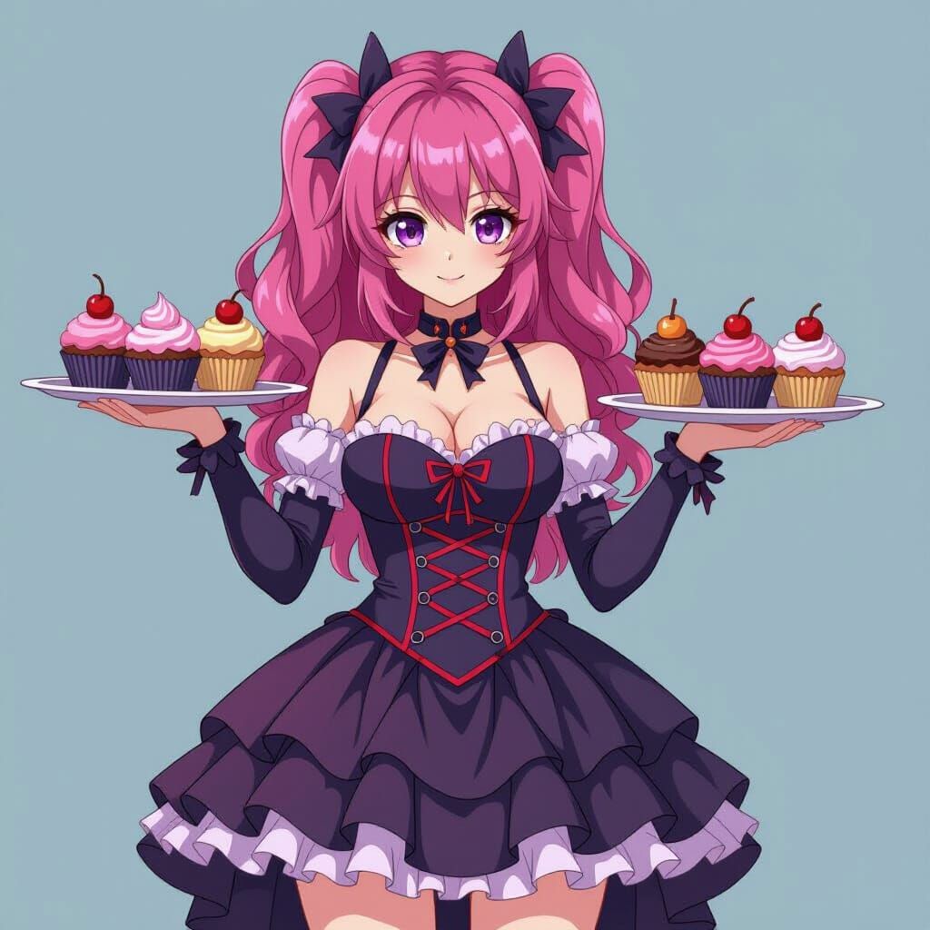 Gothic Cupcake Woman with Pink Hair in Alcohol Ink Style