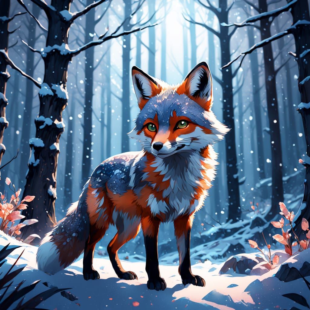 Whimsical Grey Fox in Enchanted Snowy Forest