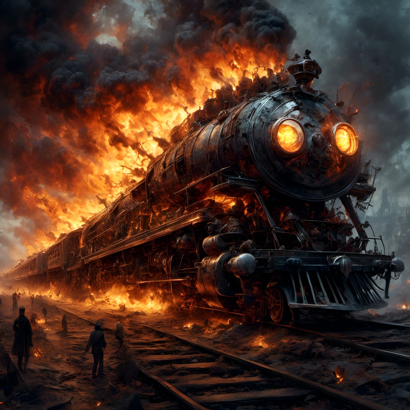 Fiery Skull Train Explosion in Steampunk Demonpunk Style