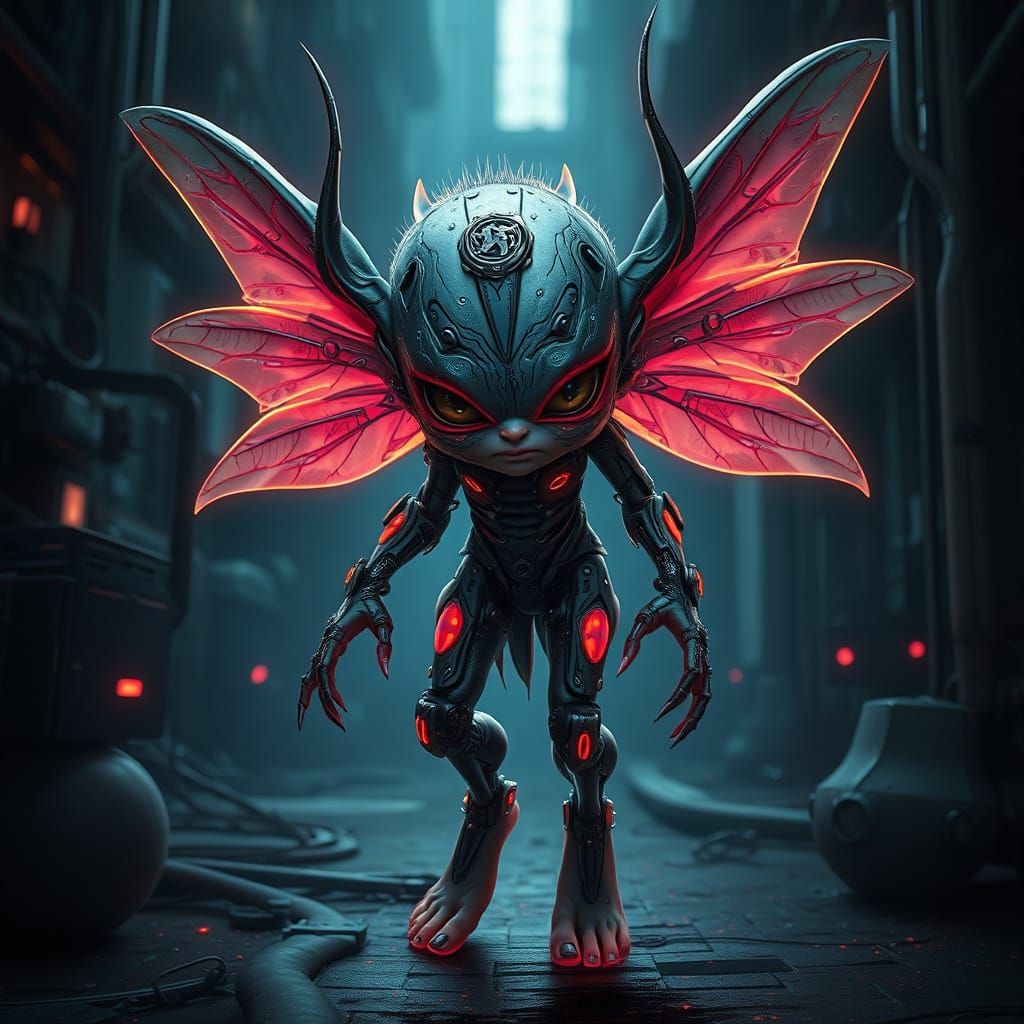 Cyberpunk Elven Pixie Cyborg Portrait in Neon-Lit Black Ligh...