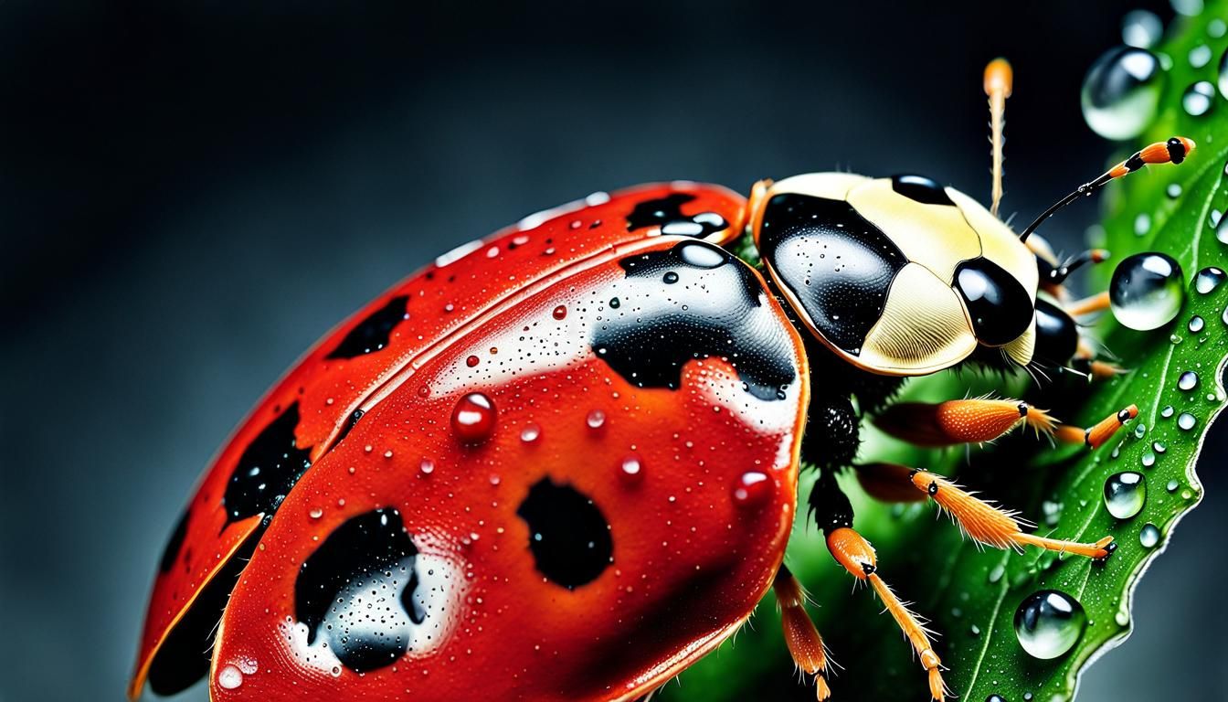 Macro Shot of Ladybug with Dew Drops