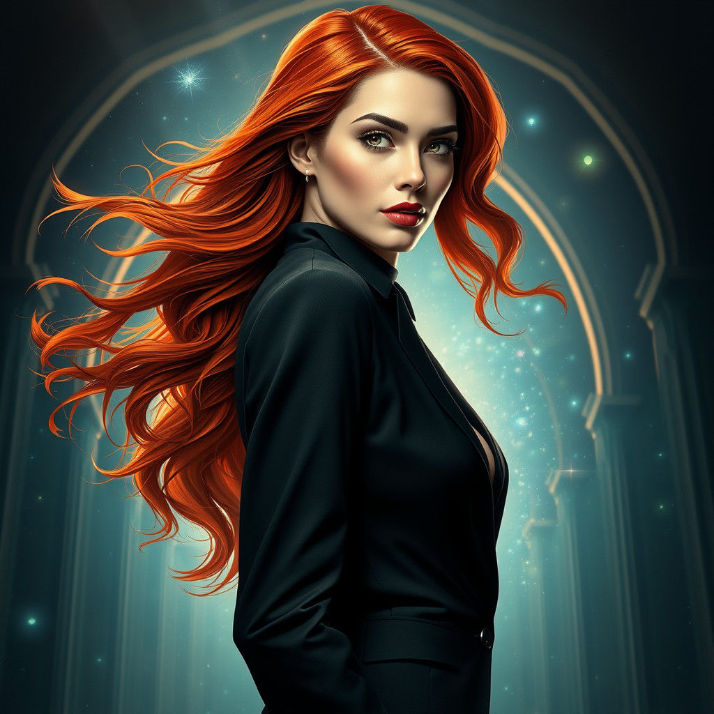 Woman in Black Suit with Starry Art Nouveau Backdrop