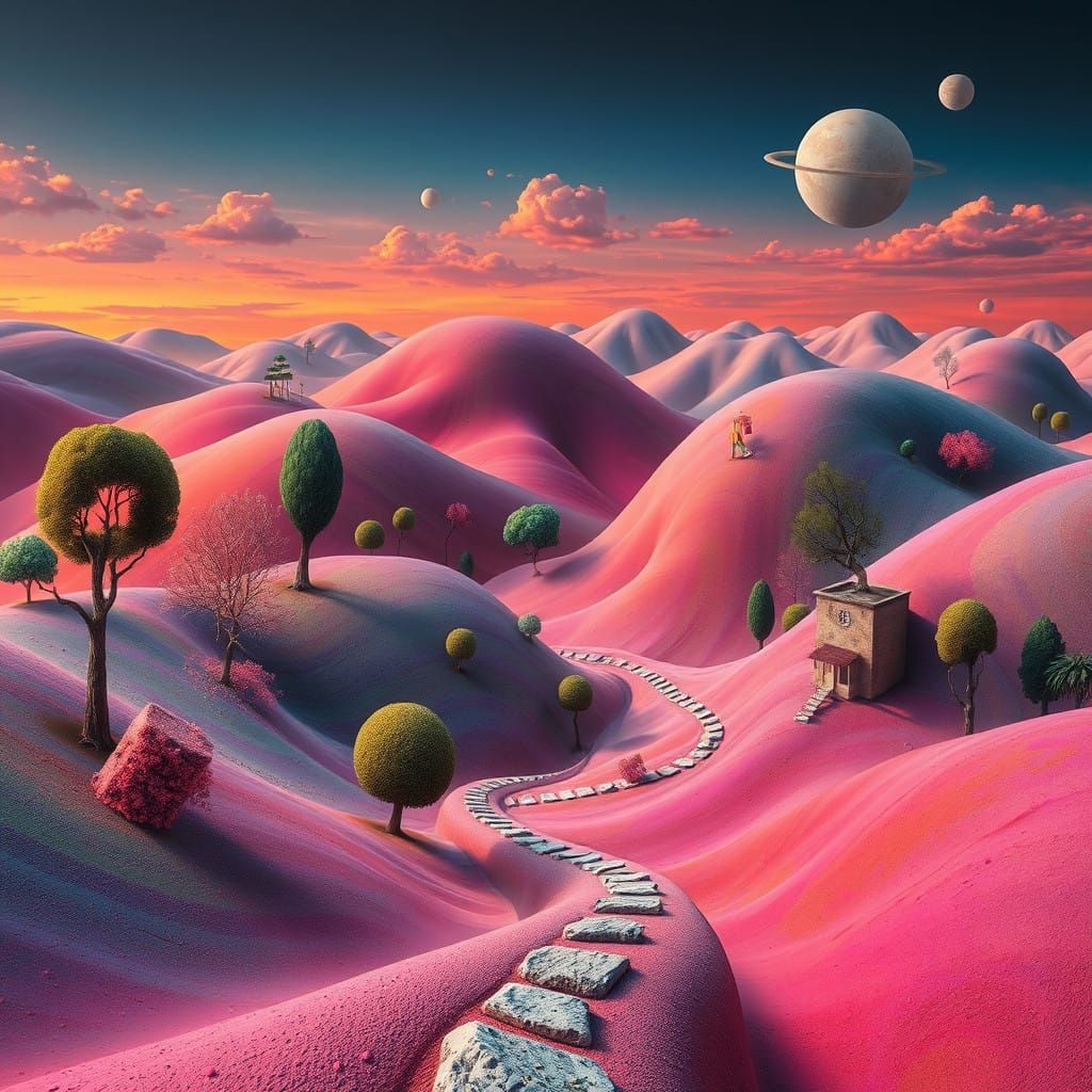 Dreamlike Surreal Scenery with Vibrant Electric Colors and T...