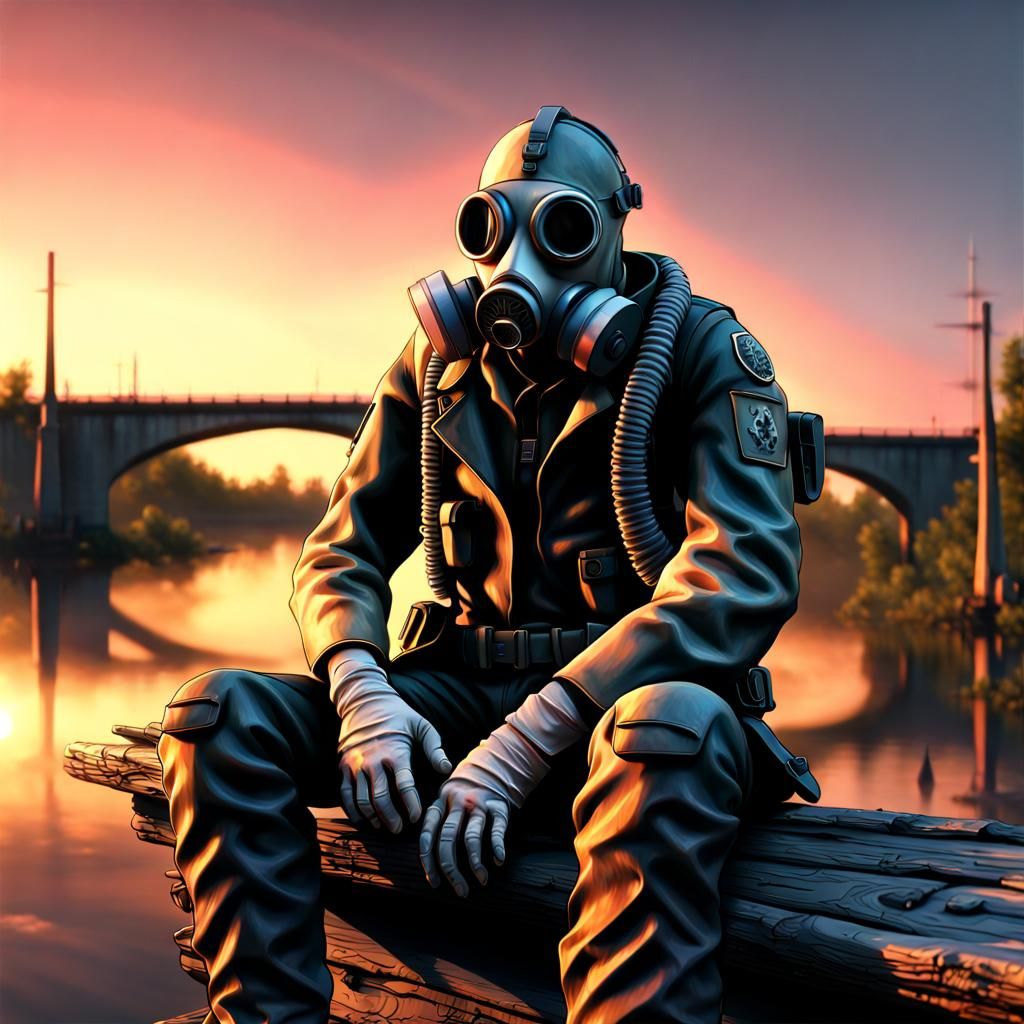 Apocalyptic Soldier on Decayed Bridge at Sunset