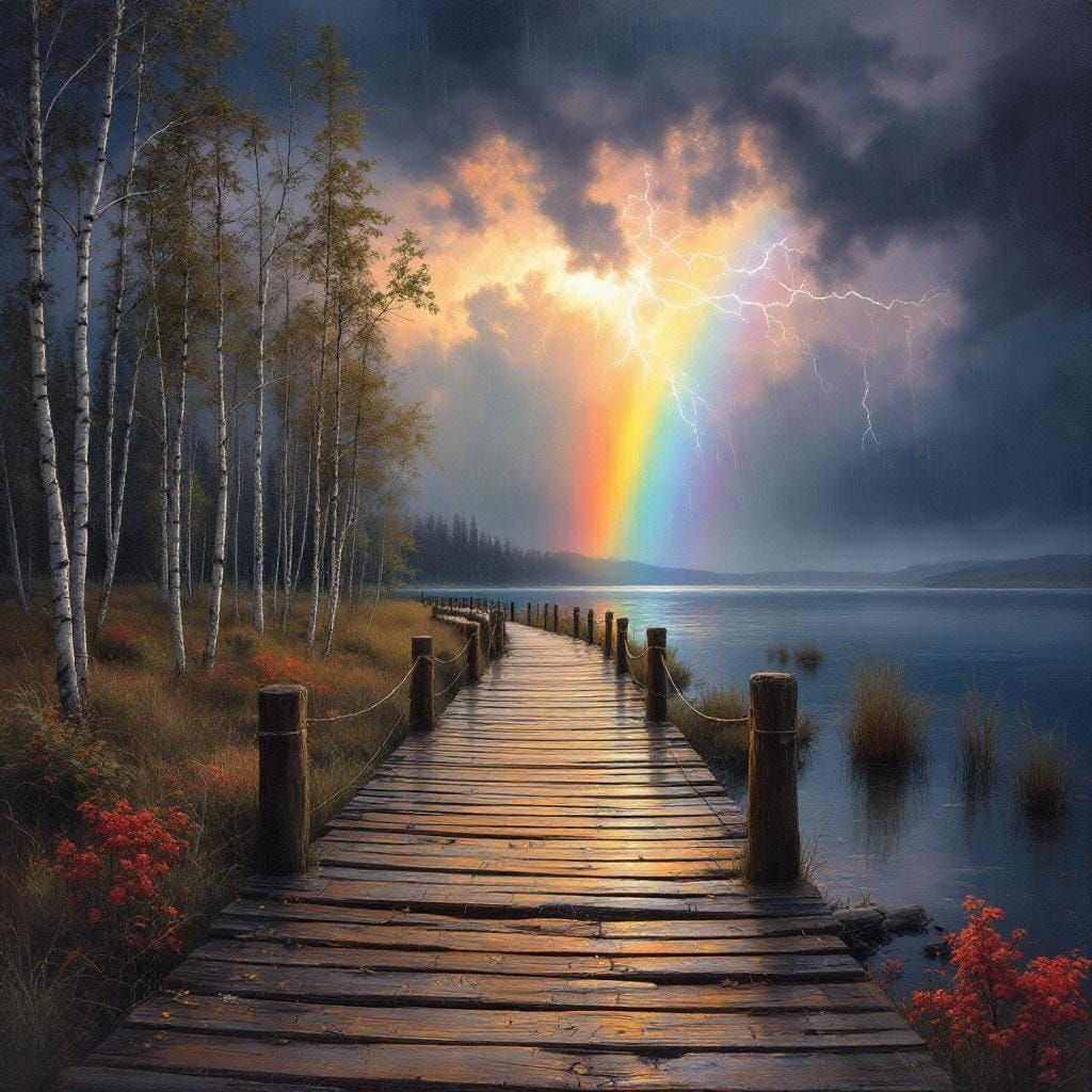 Rainstorm Rainbow over Birch Trees: Oil Painting