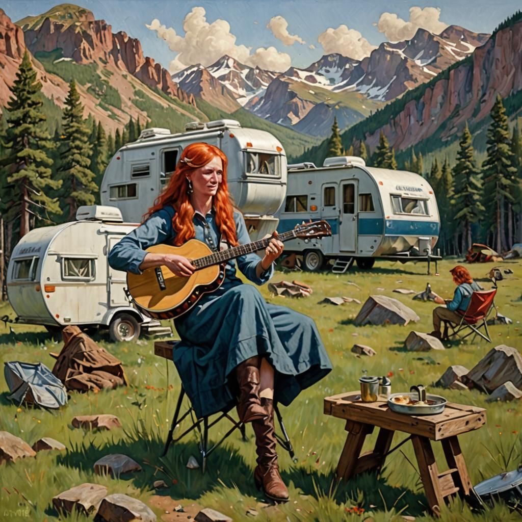 Red-Haired Woman Plays Banjo, Oil Painting Style