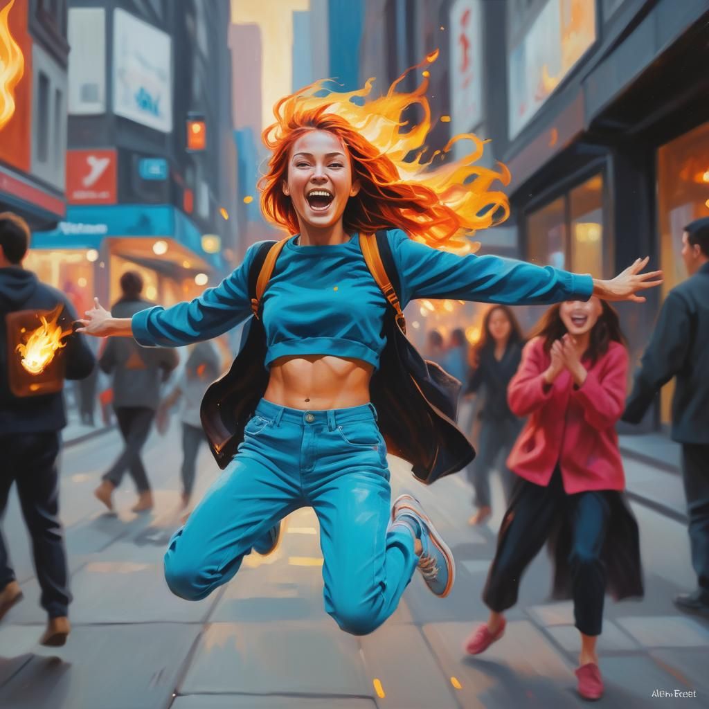 Fiery Haired Woman in Cityscape Oil Painting