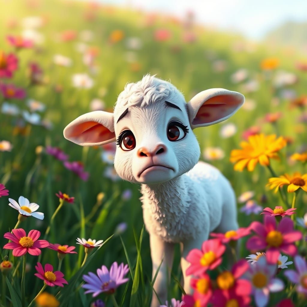 An overly exaggerated caracuture of a nervous lamb in a spri...