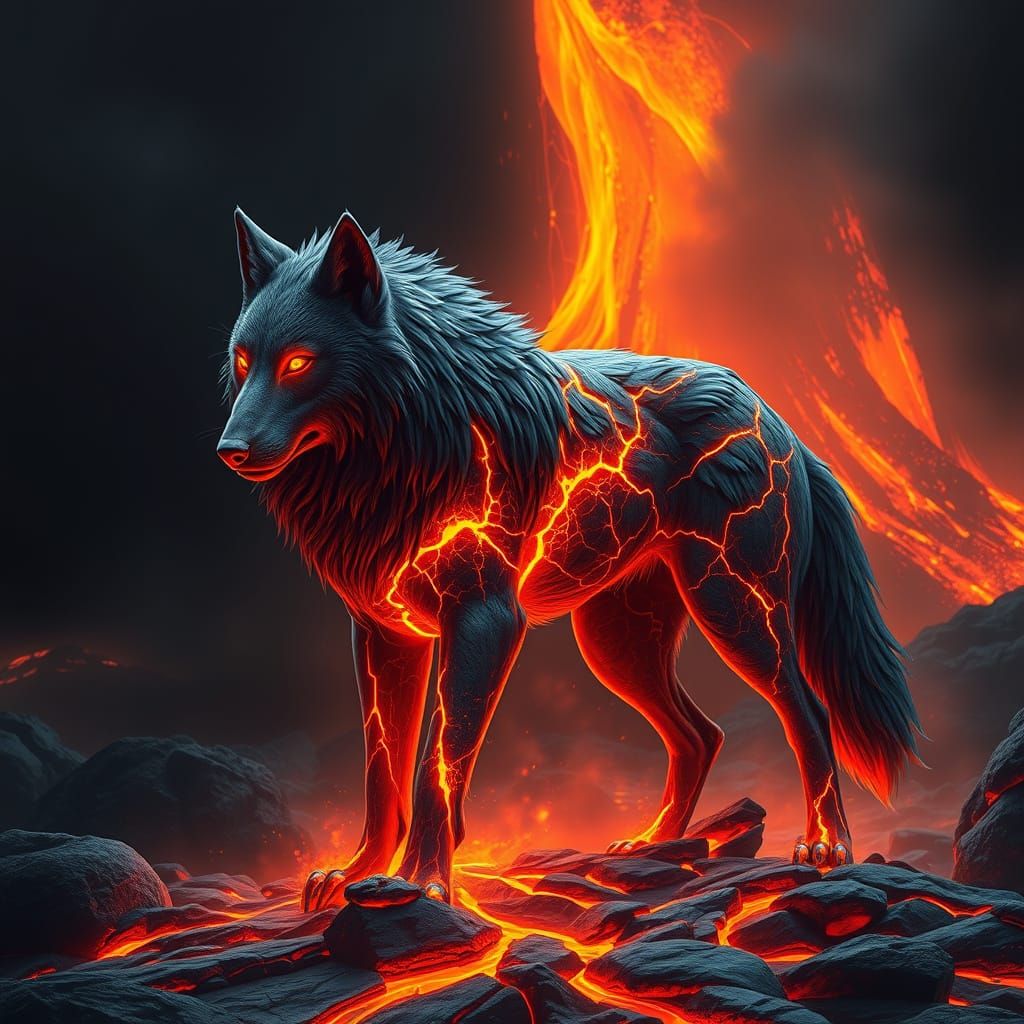 Lava Wolf with Glowing Cracks on Volcanic Backdrop