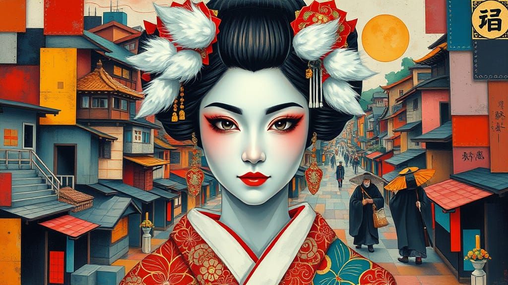 Traditional Japanese Geisha in Vibrant, Cubist-Inspired City...