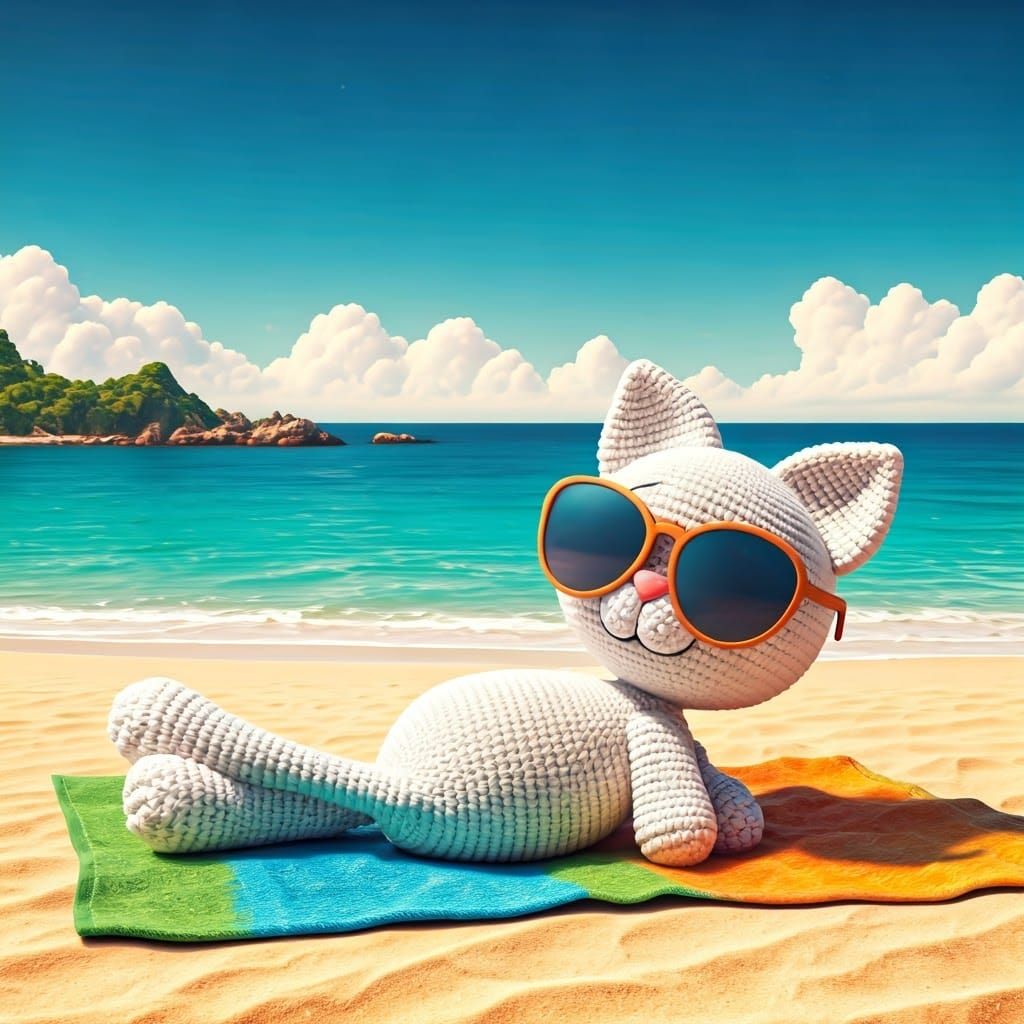 Crochet Cat Lounging on a Tropical Beach
