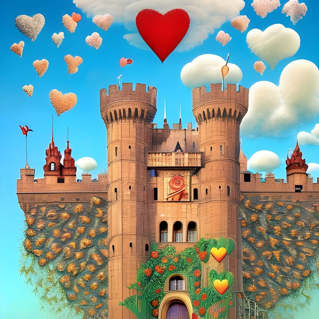 Surreal Castle Scene with Hearts and Flowers