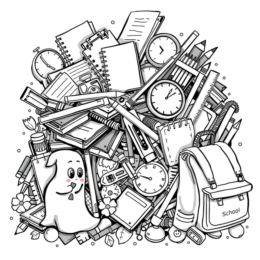 Black and White School Supplies Illustration
