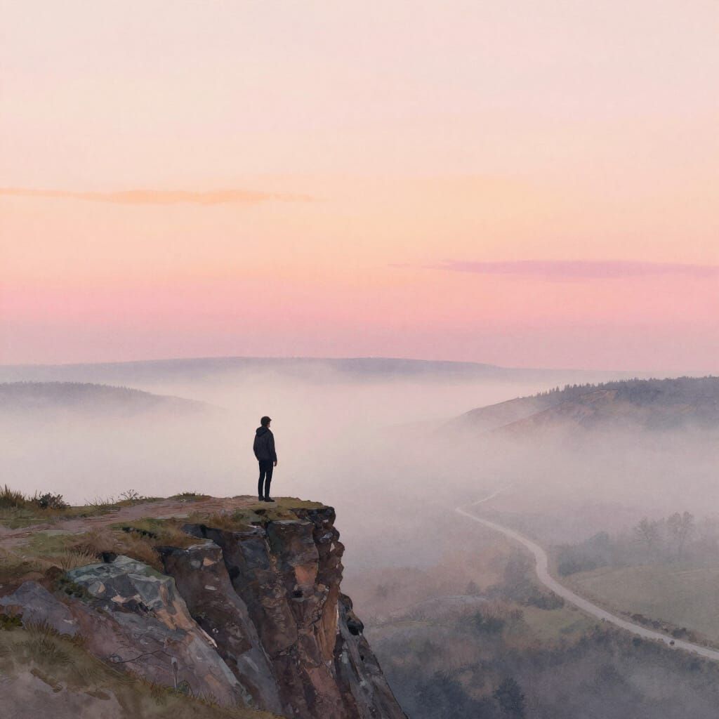 Solitary Figure Overlooking Misty Valley at Dawn