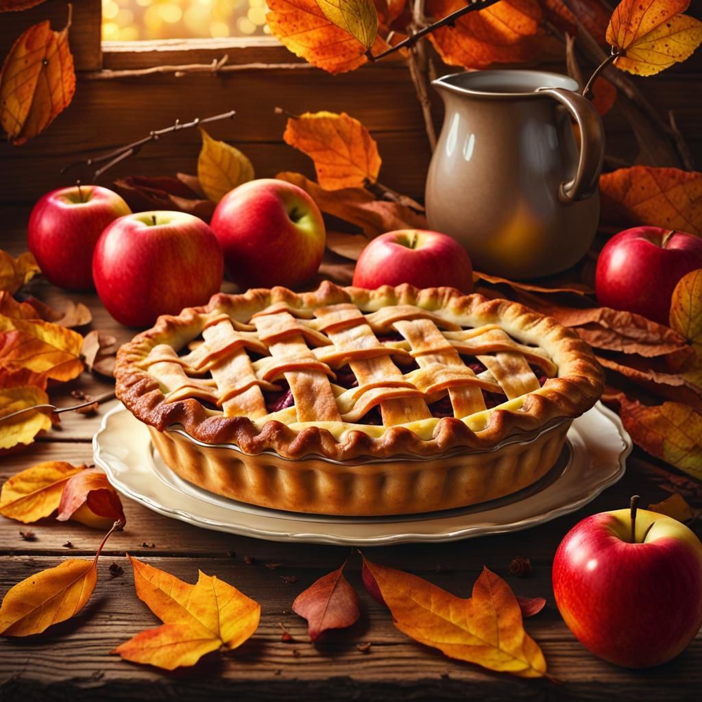 Warm Autumn Apple Pie Still Life in Folk Art Style